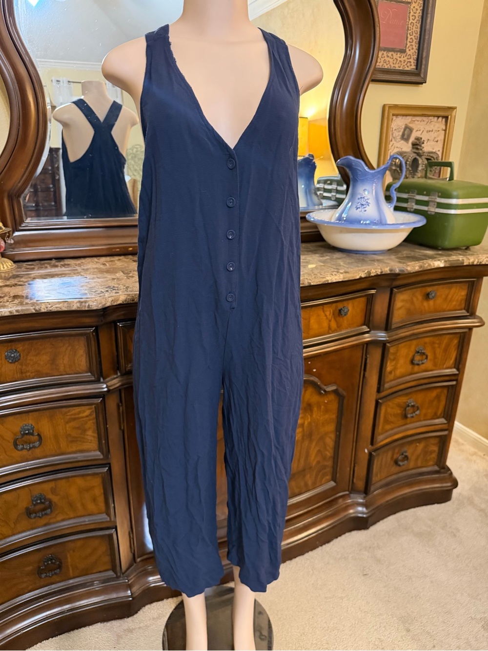 GB Navy V-Neck Button-Front Sleeveless Jumpsuit